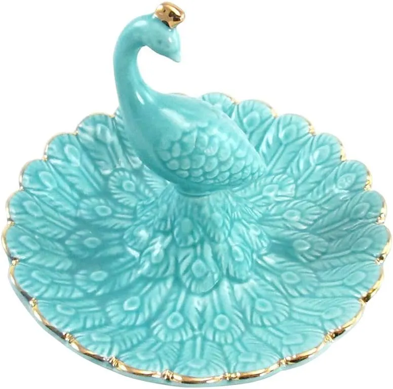 Lependor Cute Animal Ceramic Jewelry Tray Ring Holder Trinket Dish Necklace Earrings Rings Jewelry Organizer Display Jewelry Trinket Holder Home Decoration - Blue Peacock