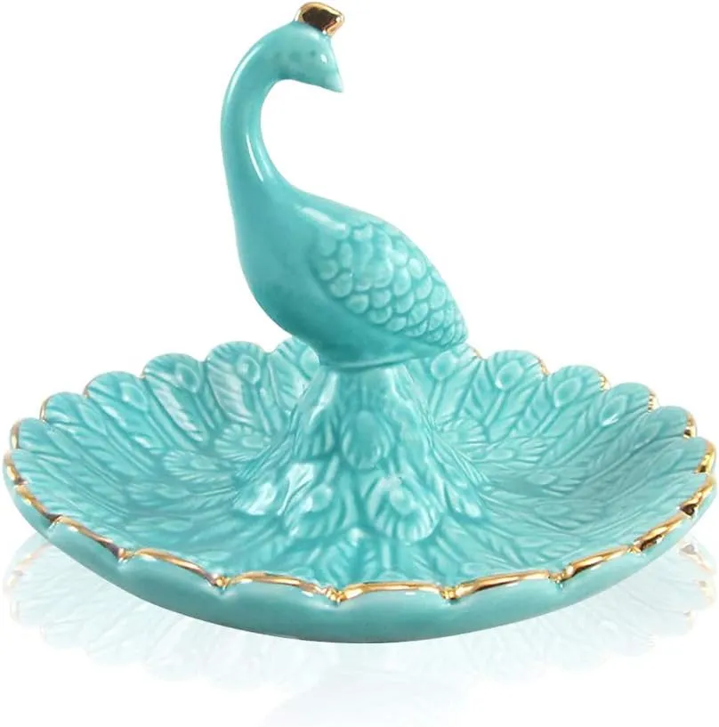 Lependor Cute Animal Ceramic Jewelry Tray Ring Holder Trinket Dish Necklace Earrings Rings Jewelry Organizer Display Jewelry Trinket Holder Home Decoration - Blue Peacock