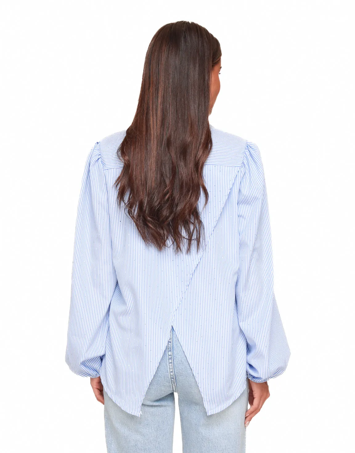 Lichtblauwe Gestreepte Schuine Strass Stenen - Blouse