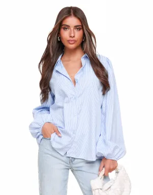 Lichtblauwe Gestreepte Schuine Strass Stenen - Blouse