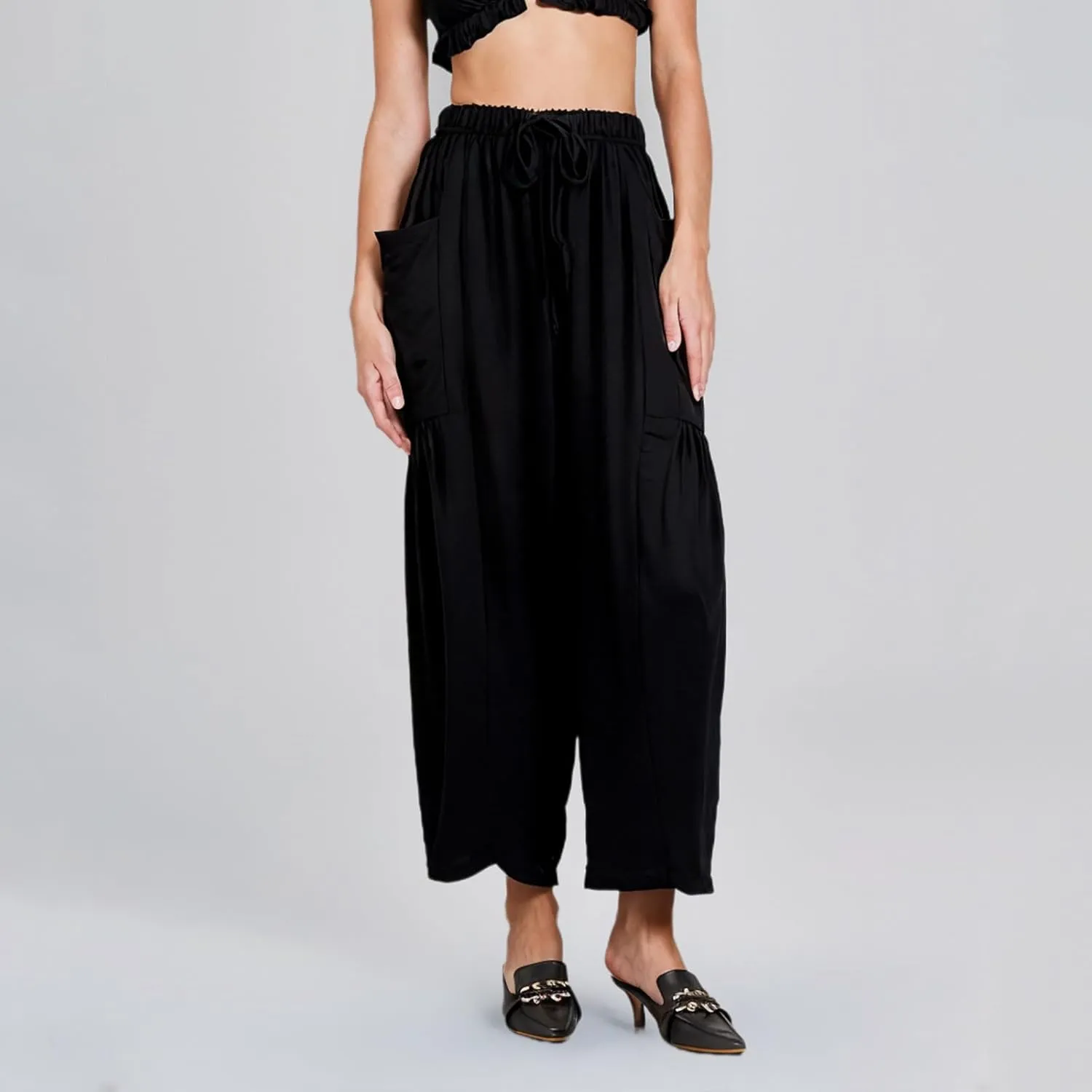 Linen Harem Pants Women Cropped Wide Leg Palazzo Pants Summer Capri Pants Elastic Waist Beach Pants with Pockets
