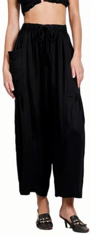 Linen Harem Pants Women Cropped Wide Leg Palazzo Pants Summer Capri Pants Elastic Waist Beach Pants with Pockets