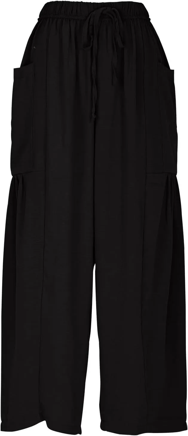 Linen Harem Pants Women Cropped Wide Leg Palazzo Pants Summer Capri Pants Elastic Waist Beach Pants with Pockets