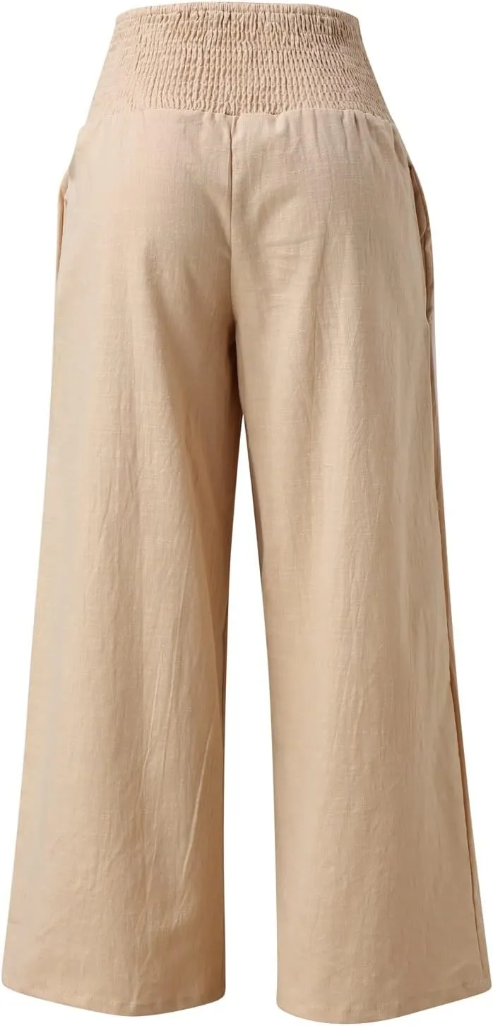 Linen Pants for Women Pleated High Waisted Wide Leg Pants Boho 2025 Summer Casual Pants Baggy Palazzo Pants