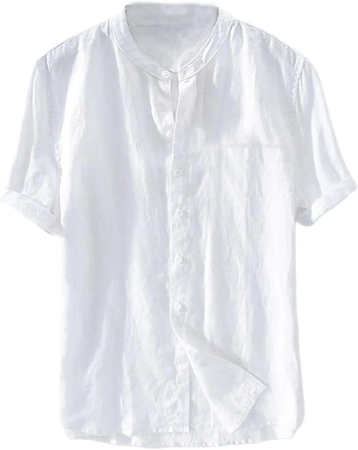 Linen Shirt for Men Collarless Button Down Short Sleeve Shirts Cotton Beach Casual Summer Shirts
