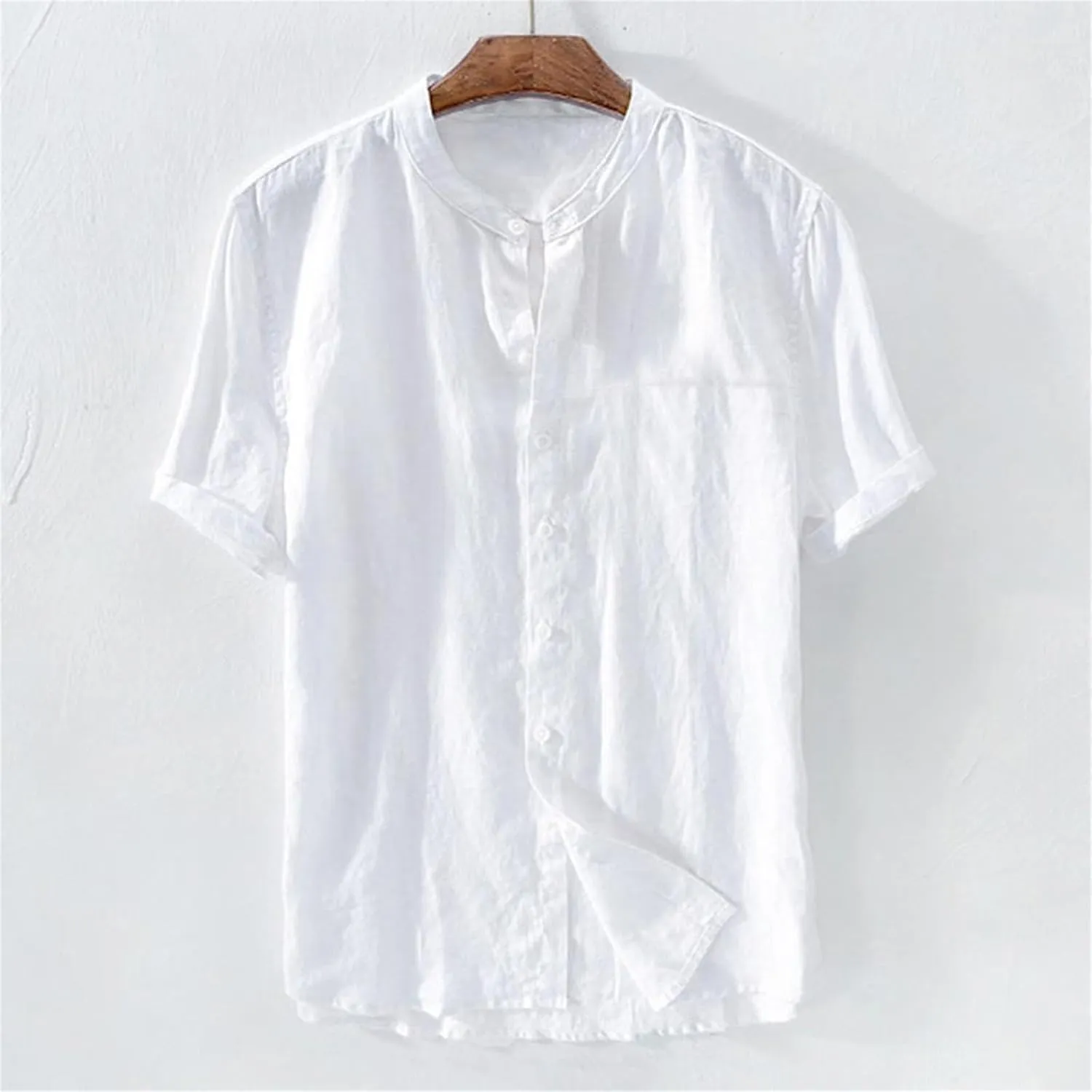 Linen Shirt for Men Collarless Button Down Short Sleeve Shirts Cotton Beach Casual Summer Shirts