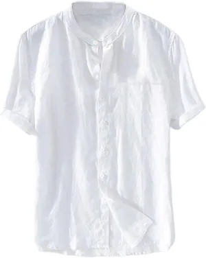 Linen Shirt for Men Collarless Button Down Short Sleeve Shirts Cotton Beach Casual Summer Shirts