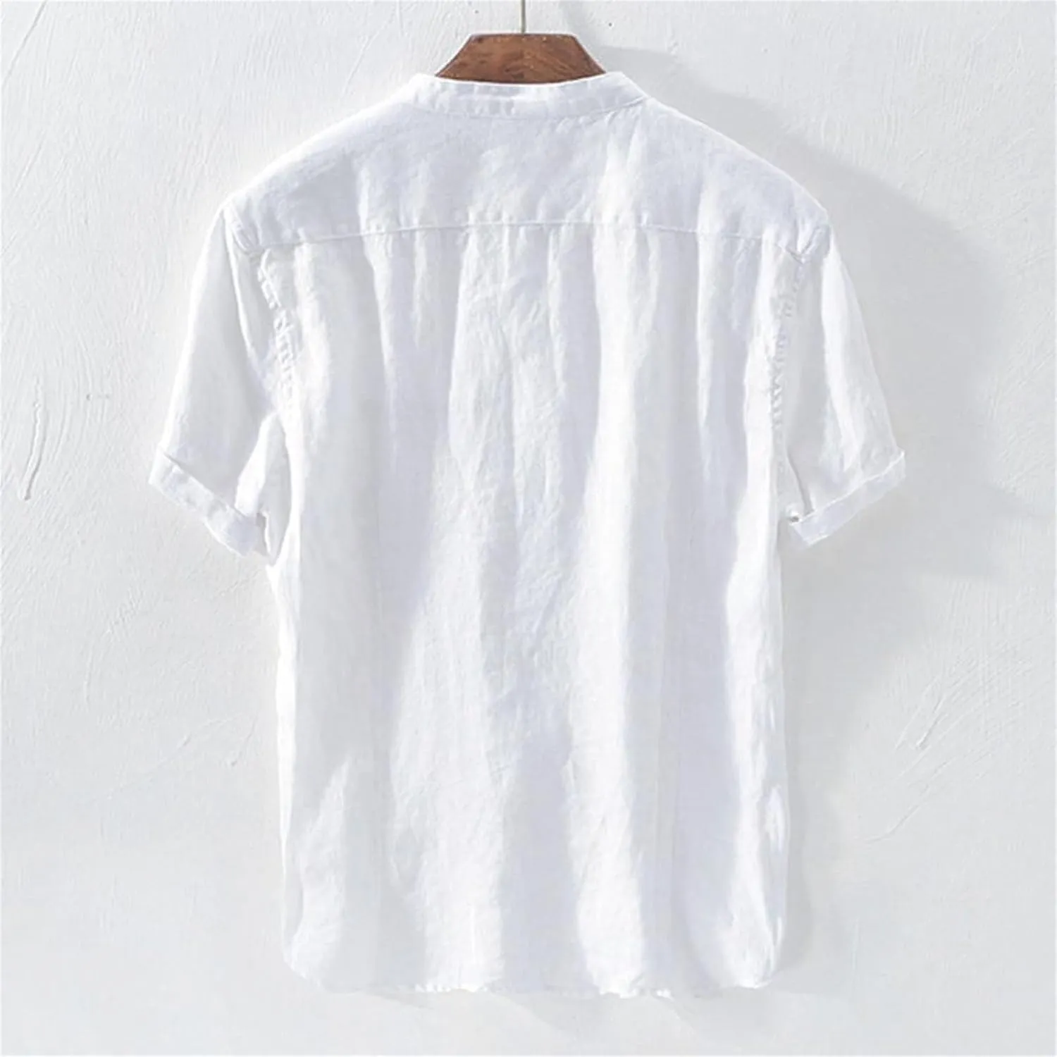 Linen Shirt for Men Collarless Button Down Short Sleeve Shirts Cotton Beach Casual Summer Shirts
