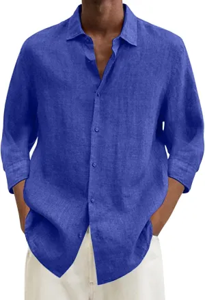 Linen Shirts for Men Big and Tall Casual Button Down Long Sleeve Solid Spread Collar Shirt Summer Hawaiian Beach Tops