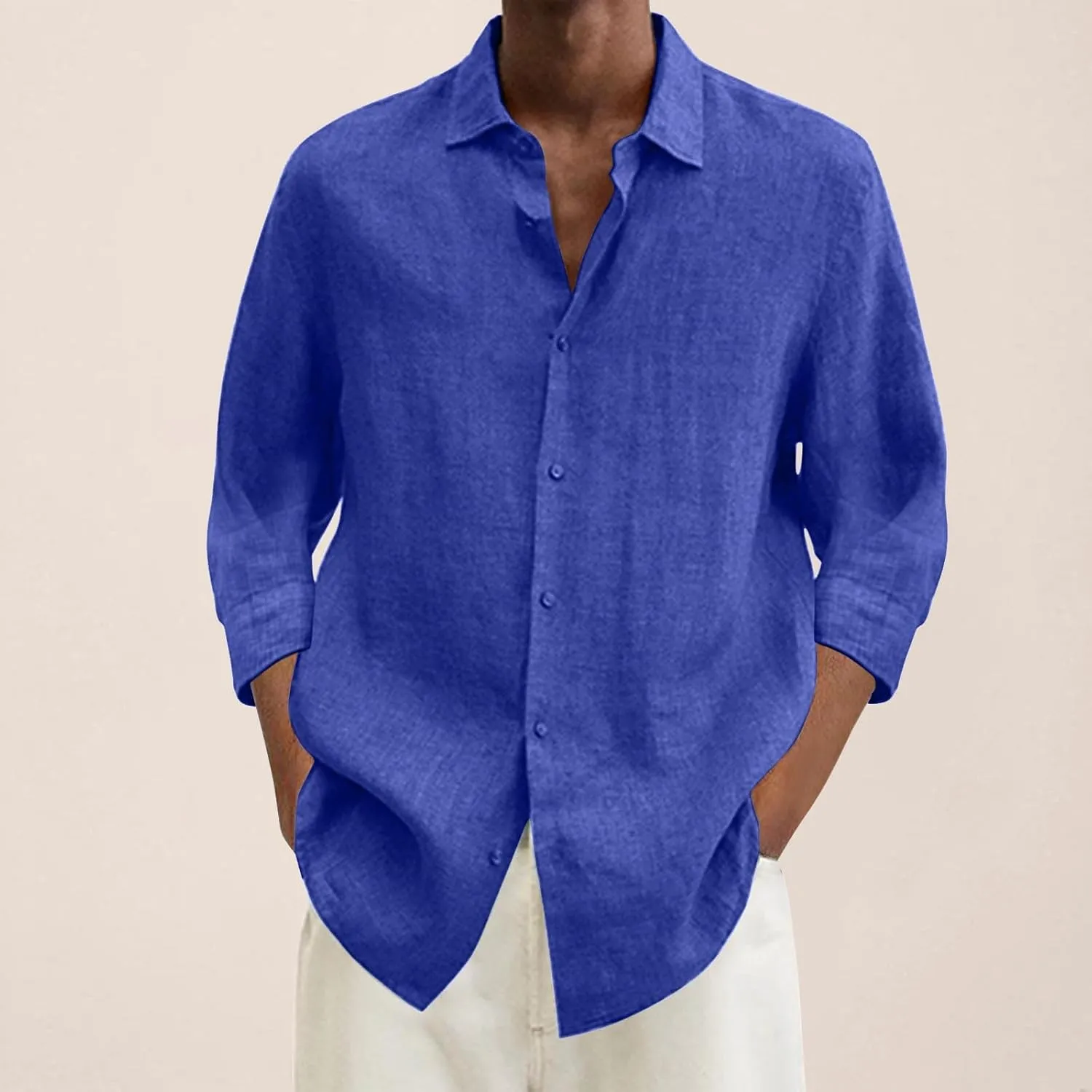 Linen Shirts for Men Big and Tall Casual Button Down Long Sleeve Solid Spread Collar Shirt Summer Hawaiian Beach Tops