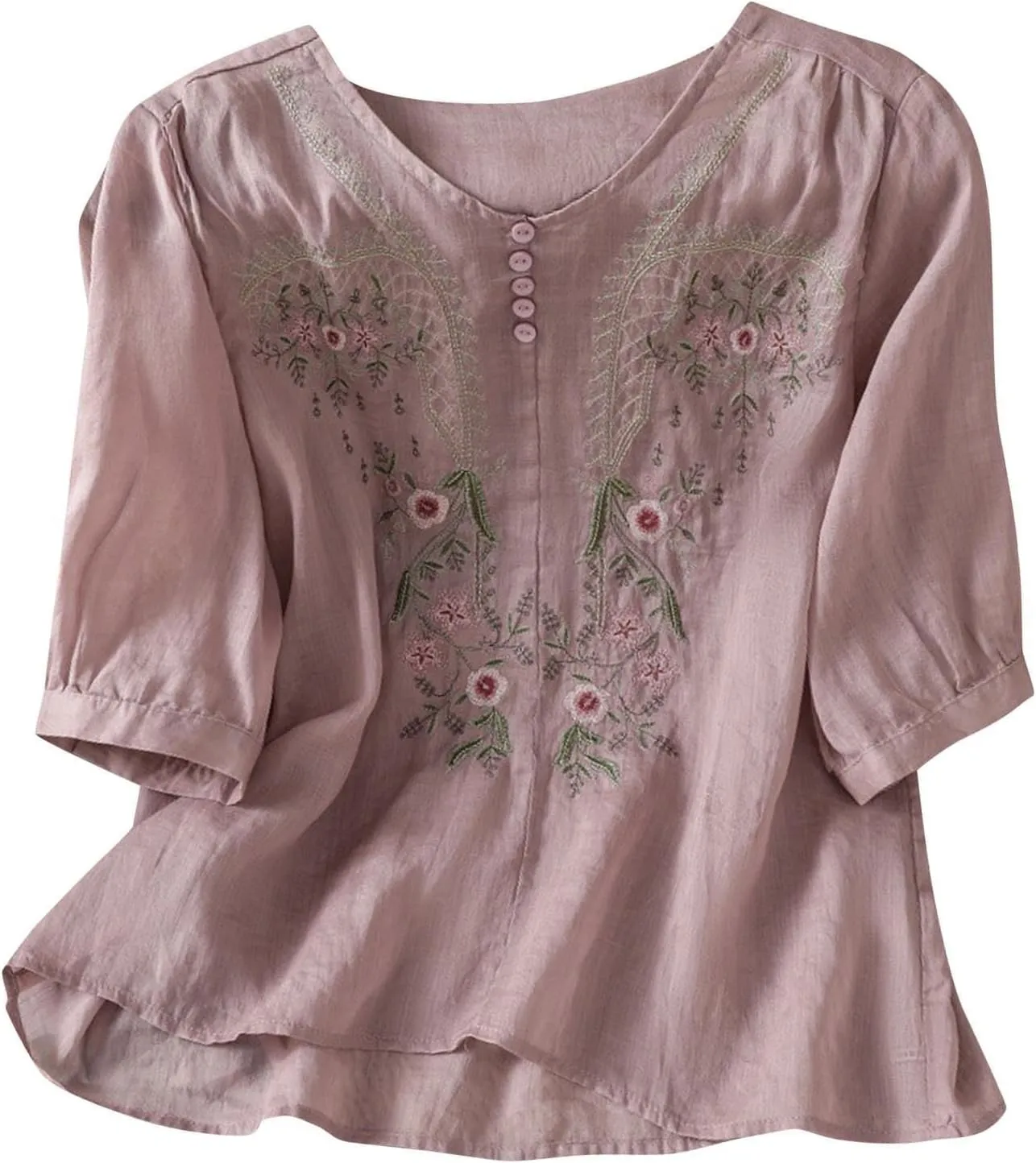 Linen Shirts for Women Summer Cotton Linen Floral Embroidered 3/4 Sleeve Tops Retro Boho Ethnic Peasant Tunic Tshirt