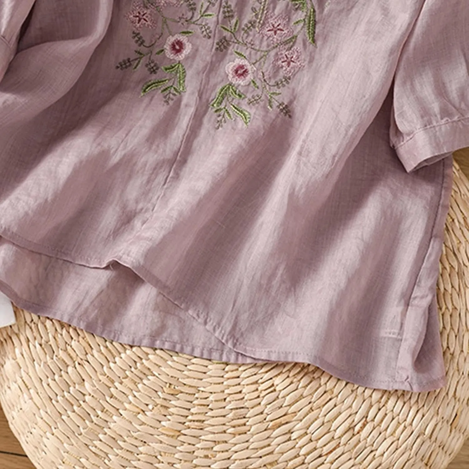 Linen Shirts for Women Summer Cotton Linen Floral Embroidered 3/4 Sleeve Tops Retro Boho Ethnic Peasant Tunic Tshirt