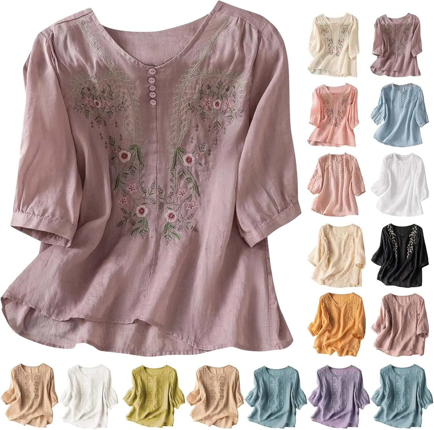 Linen Shirts for Women Summer Cotton Linen Floral Embroidered 3/4 Sleeve Tops Retro Boho Ethnic Peasant Tunic Tshirt