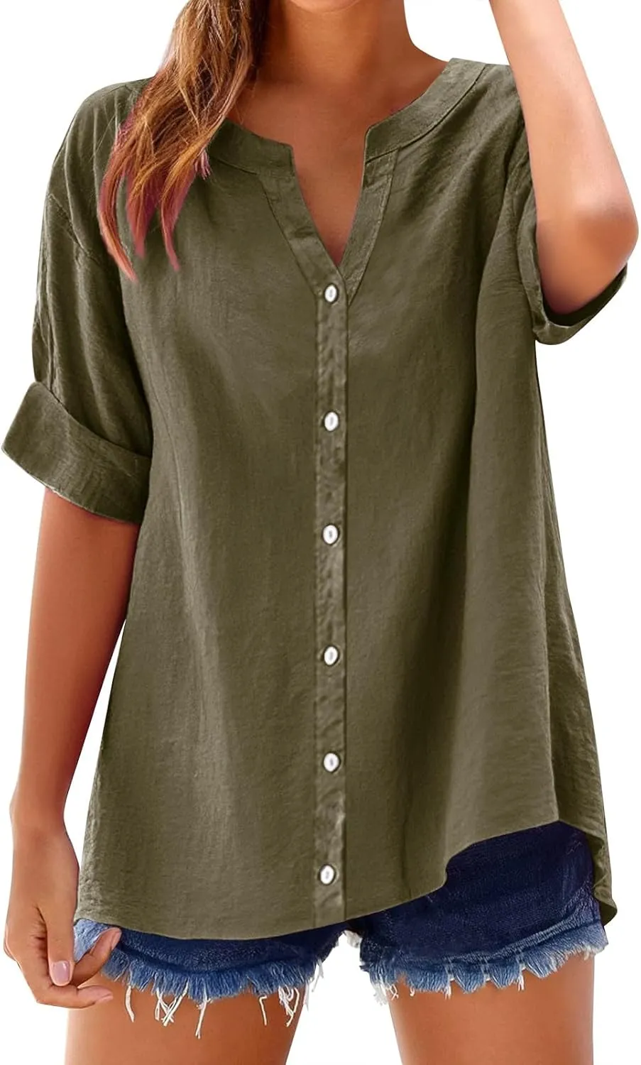 Linen Tops for Women 2025 Summer Button Down V Neck Shirts Casual Short Sleeve Loose Tshirt Cotton Linen Blouse Tees