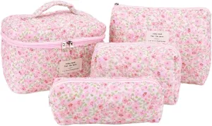 Makeup Bag Set Quilted Big Makeup Bag Cotton Aesthetic Travel Cosmetic Bags for Women Toiletry Bag Cute Floral Makeup bag (Pink small florals)