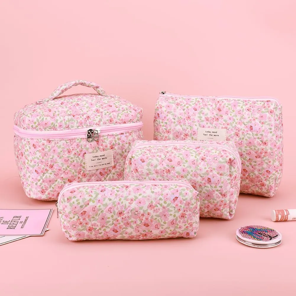 Makeup Bag Set Quilted Big Makeup Bag Cotton Aesthetic Travel Cosmetic Bags for Women Toiletry Bag Cute Floral Makeup bag (Pink small florals)