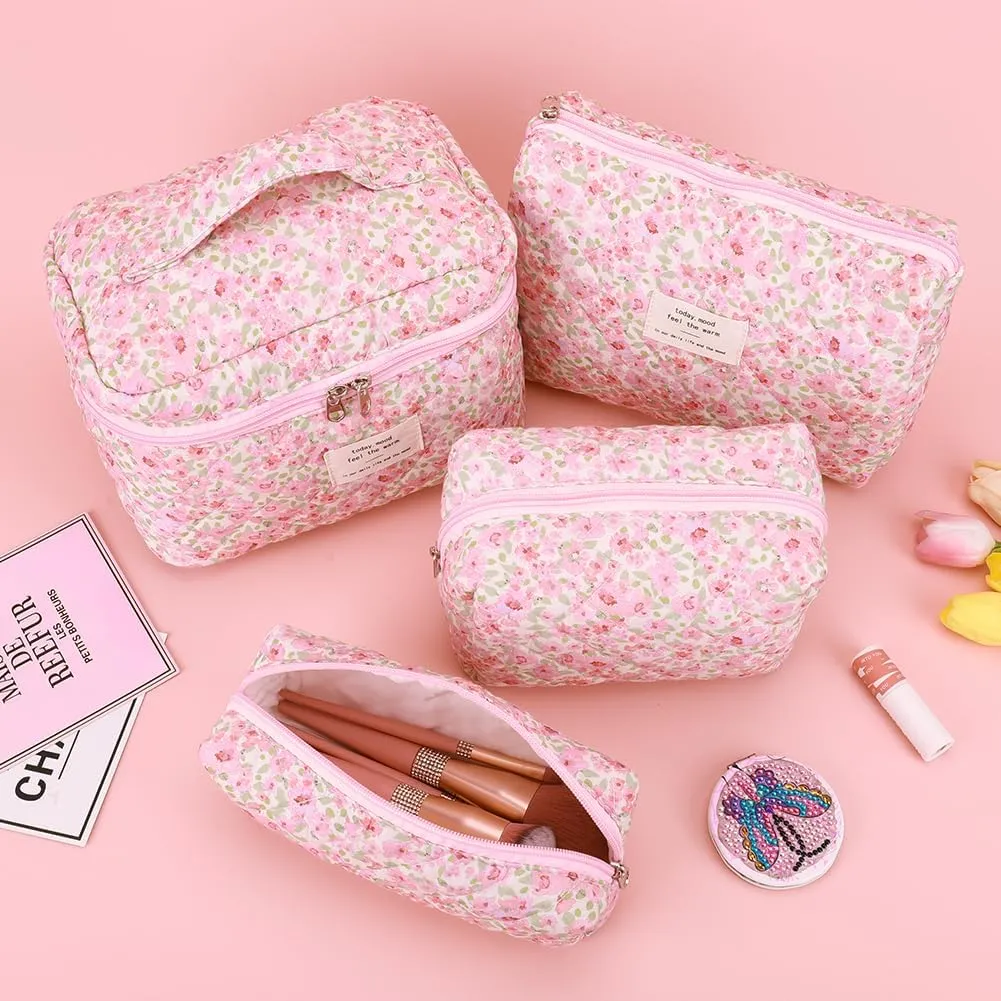 Makeup Bag Set Quilted Big Makeup Bag Cotton Aesthetic Travel Cosmetic Bags for Women Toiletry Bag Cute Floral Makeup bag (Pink small florals)