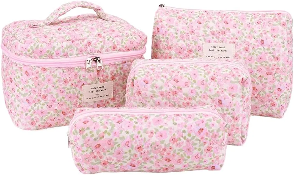 Makeup Bag Set Quilted Big Makeup Bag Cotton Aesthetic Travel Cosmetic Bags for Women Toiletry Bag Cute Floral Makeup bag (Pink small florals)