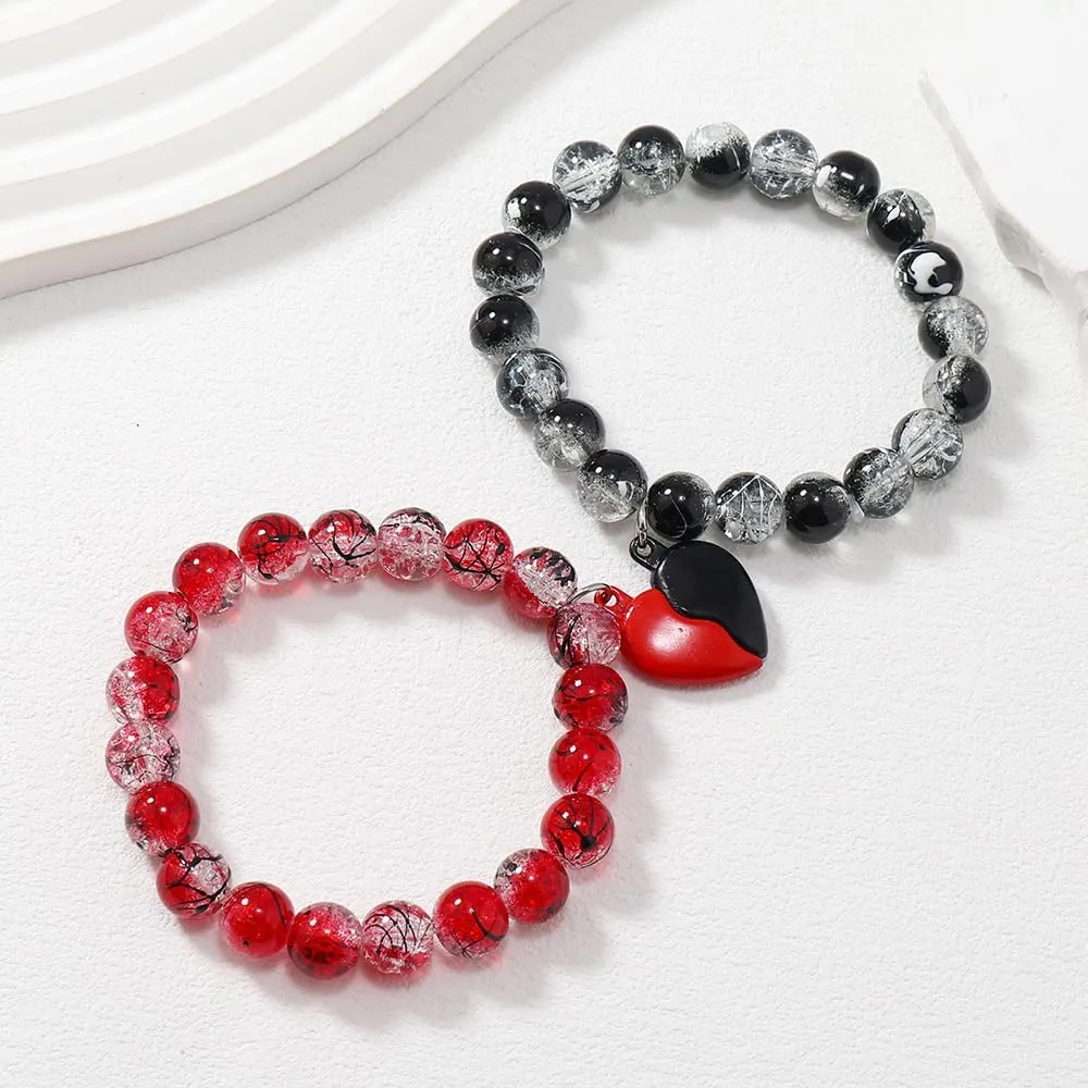 Matching Bracelets, 2 Pcs Set Gothic Black & Red Heartbeat Lock Handshake Charm Bracelets Punk Crystal Beaded Bracelet For Couples Best Friend Jewelry Gift