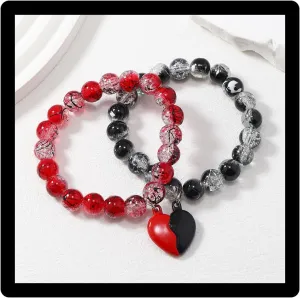 Matching Bracelets, 2 Pcs Set Gothic Black & Red Heartbeat Lock Handshake Charm Bracelets Punk Crystal Beaded Bracelet For Couples Best Friend Jewelry Gift