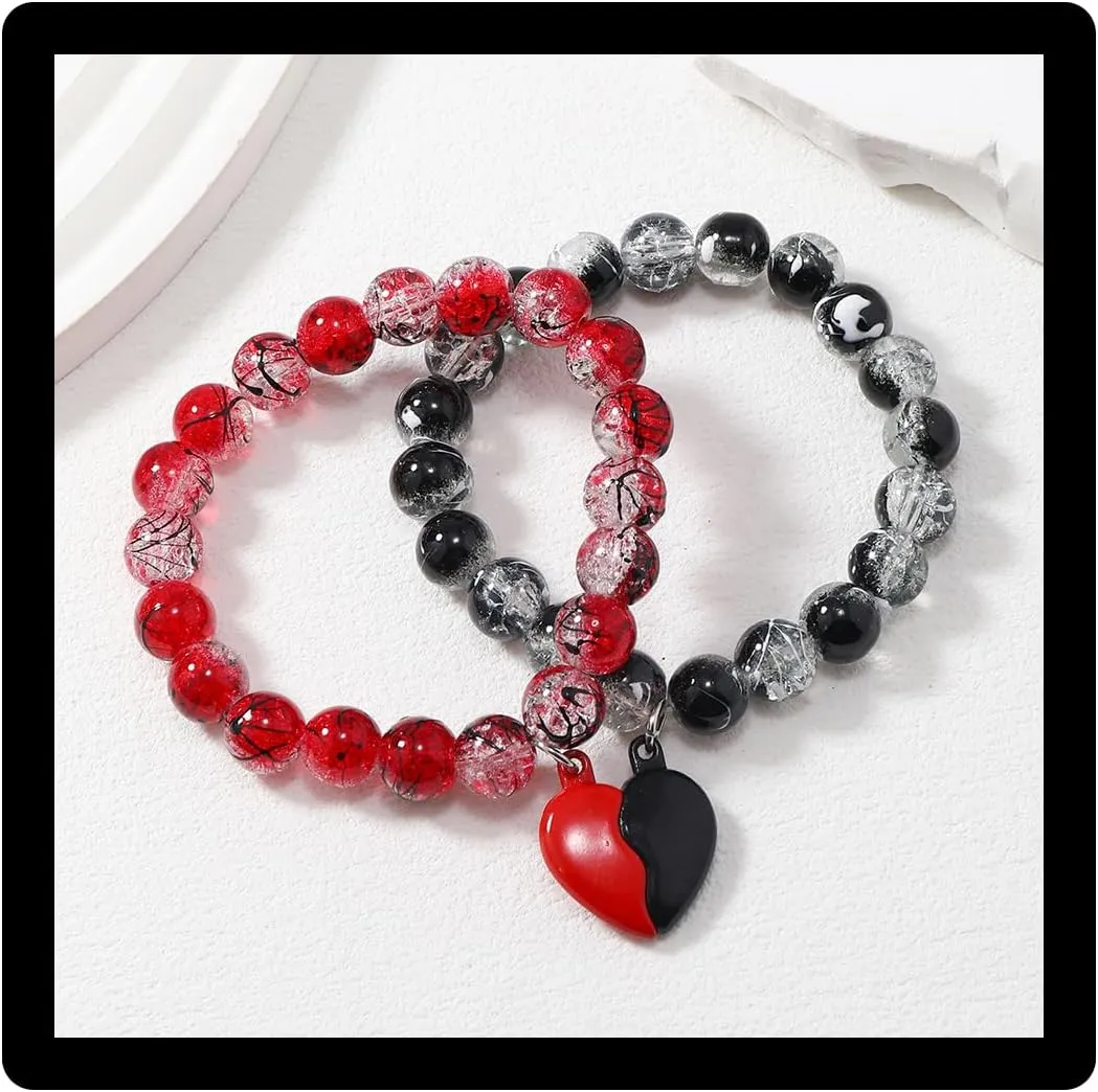 Matching Bracelets, 2 Pcs Set Gothic Black & Red Heartbeat Lock Handshake Charm Bracelets Punk Crystal Beaded Bracelet For Couples Best Friend Jewelry Gift