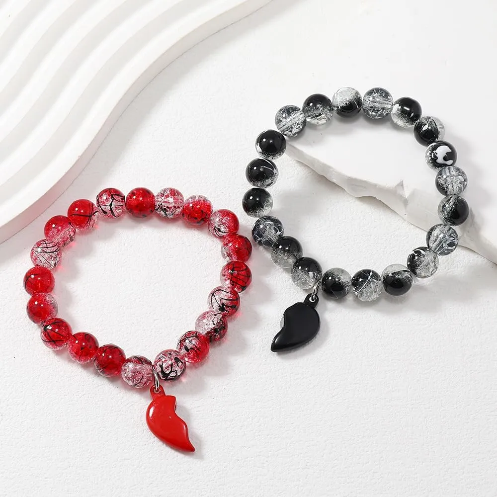 Matching Bracelets, 2 Pcs Set Gothic Black & Red Heartbeat Lock Handshake Charm Bracelets Punk Crystal Beaded Bracelet For Couples Best Friend Jewelry Gift