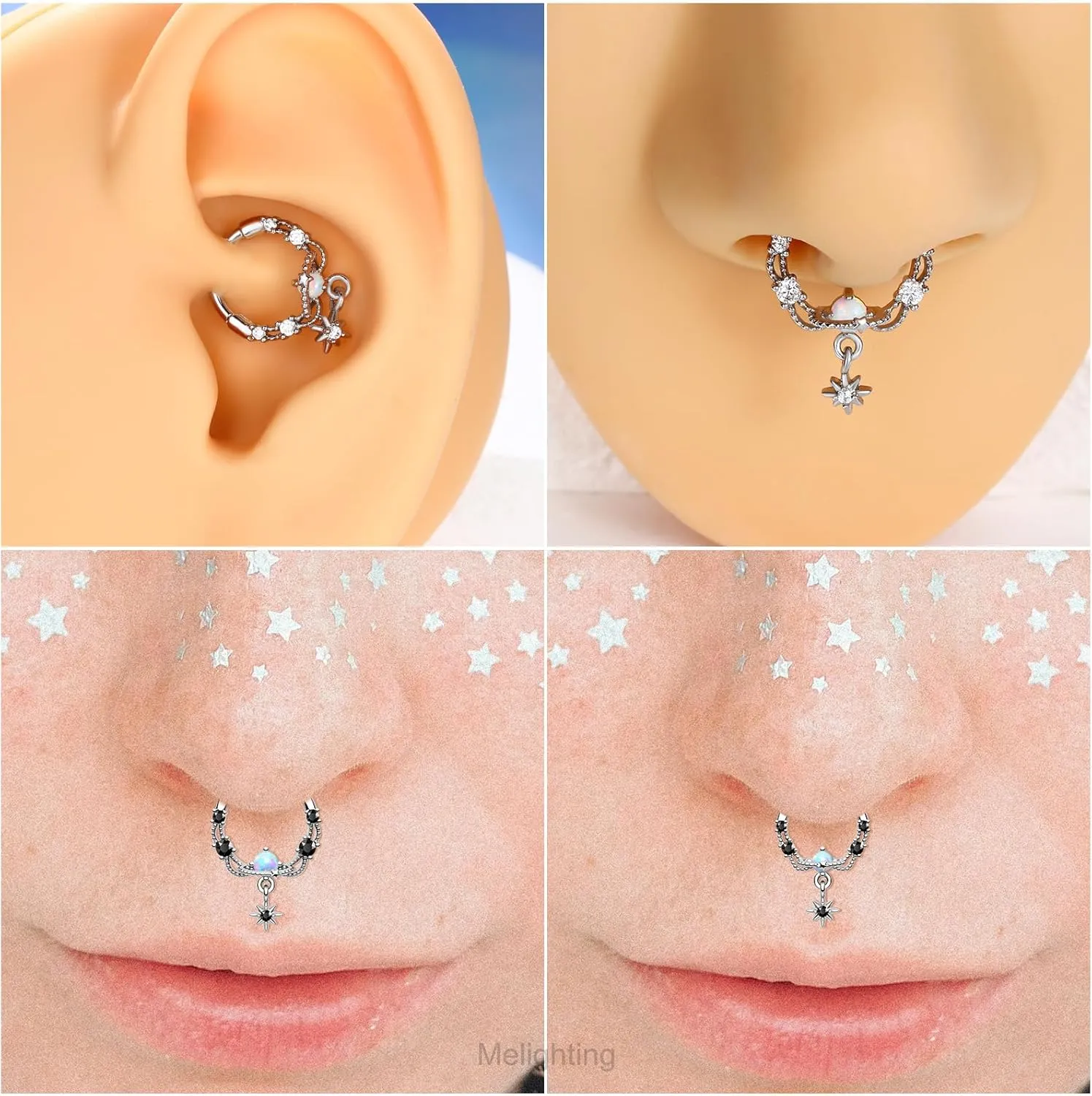 Melighting Septum Ring 16G Opal Septum Jewelry Stainless Steel 316L Dangle Daith Piercing Jewelry Star Conch Piercing Jewelry Septum Piercing for Women