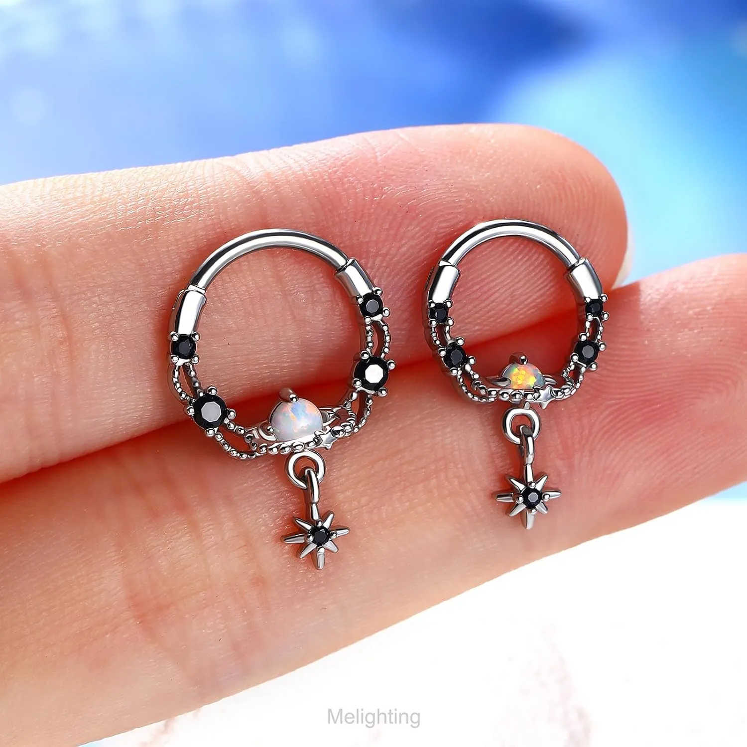 Melighting Septum Ring 16G Opal Septum Jewelry Stainless Steel 316L Dangle Daith Piercing Jewelry Star Conch Piercing Jewelry Septum Piercing for Women