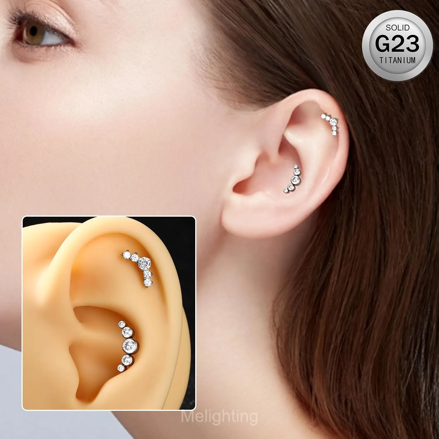 Melighting Titanium Conch Piercing Jewelry Internally Threaded 16G Cured Cartilage Earring Clear CZ Titanium G23 Helix Piercing Jewelry 8mm Labret Jewelry for Wome