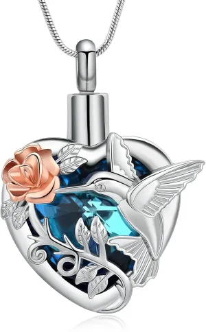 memorial jewelry Birthstone Personalized Hummingbird and Heart Cremation Urn Necklace Pendant Ashes Jewelry
