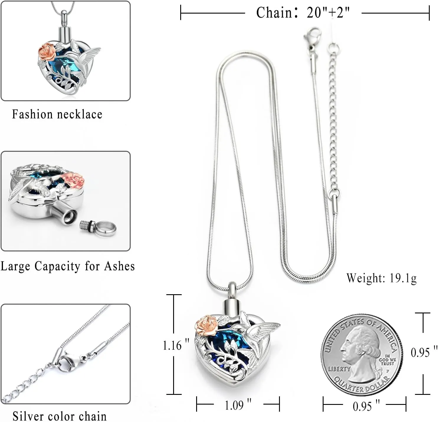 memorial jewelry Birthstone Personalized Hummingbird and Heart Cremation Urn Necklace Pendant Ashes Jewelry