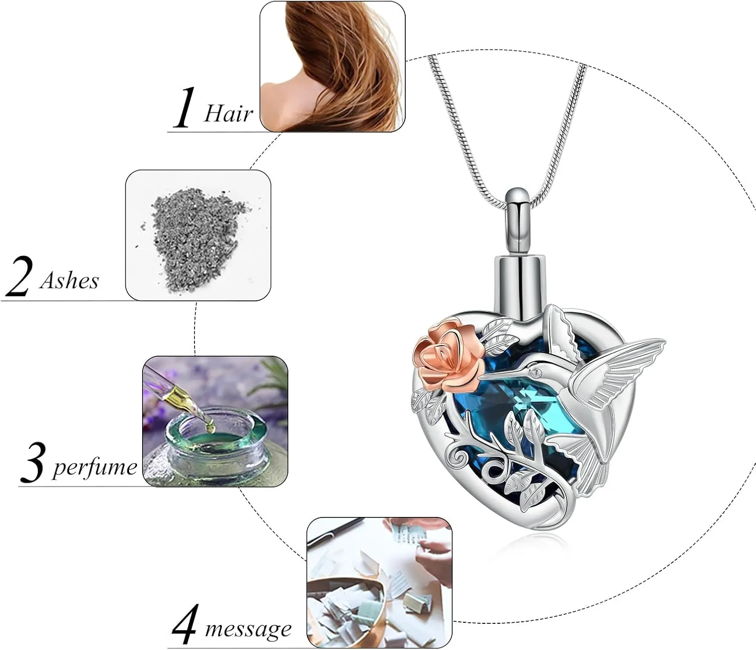 memorial jewelry Birthstone Personalized Hummingbird and Heart Cremation Urn Necklace Pendant Ashes Jewelry