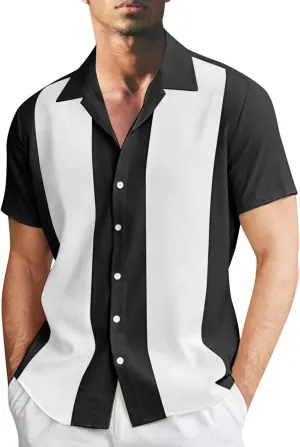 Mens Bowling Shirts Rockabilly Style Loose Striped Guayabera Casual Short Sleeve Hawaiian Shirt Cuban Shirts for Men Linen Shirts for Men Cuban Shirts Vacation Button Down Casual Striped