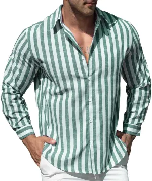 Men's Button Down Linen Shirts Casual Stripe Printed Long Sleeve Cotton Beach Beach Tops Regular Fit Dress Shirt