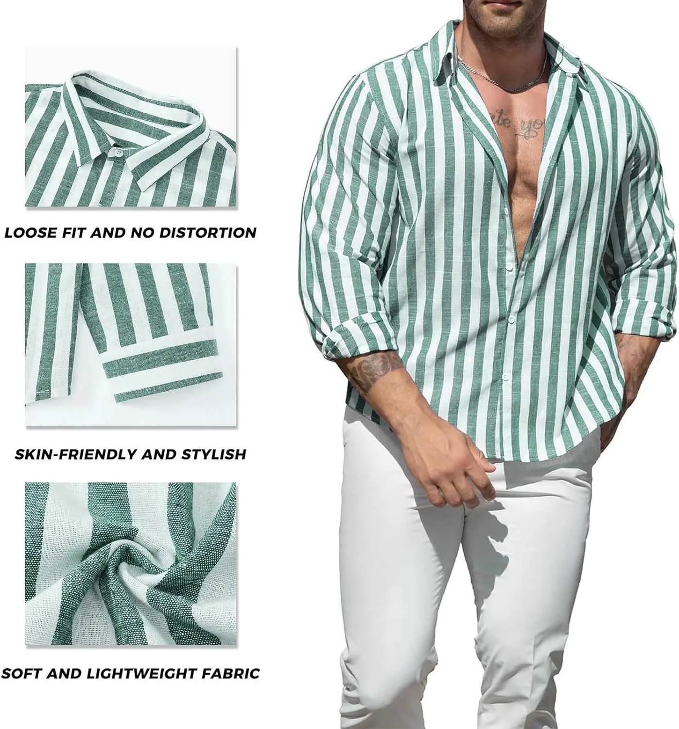 Men's Button Down Linen Shirts Casual Stripe Printed Long Sleeve Cotton Beach Beach Tops Regular Fit Dress Shirt