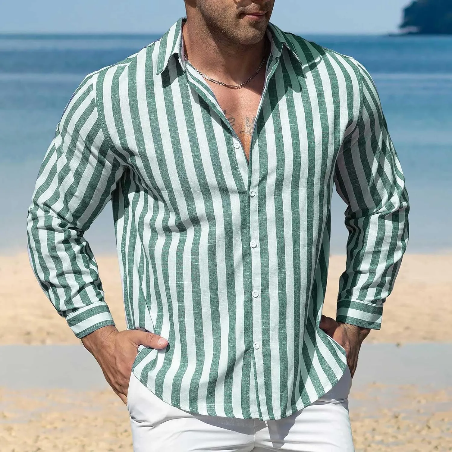 Men's Button Down Linen Shirts Casual Stripe Printed Long Sleeve Cotton Beach Beach Tops Regular Fit Dress Shirt