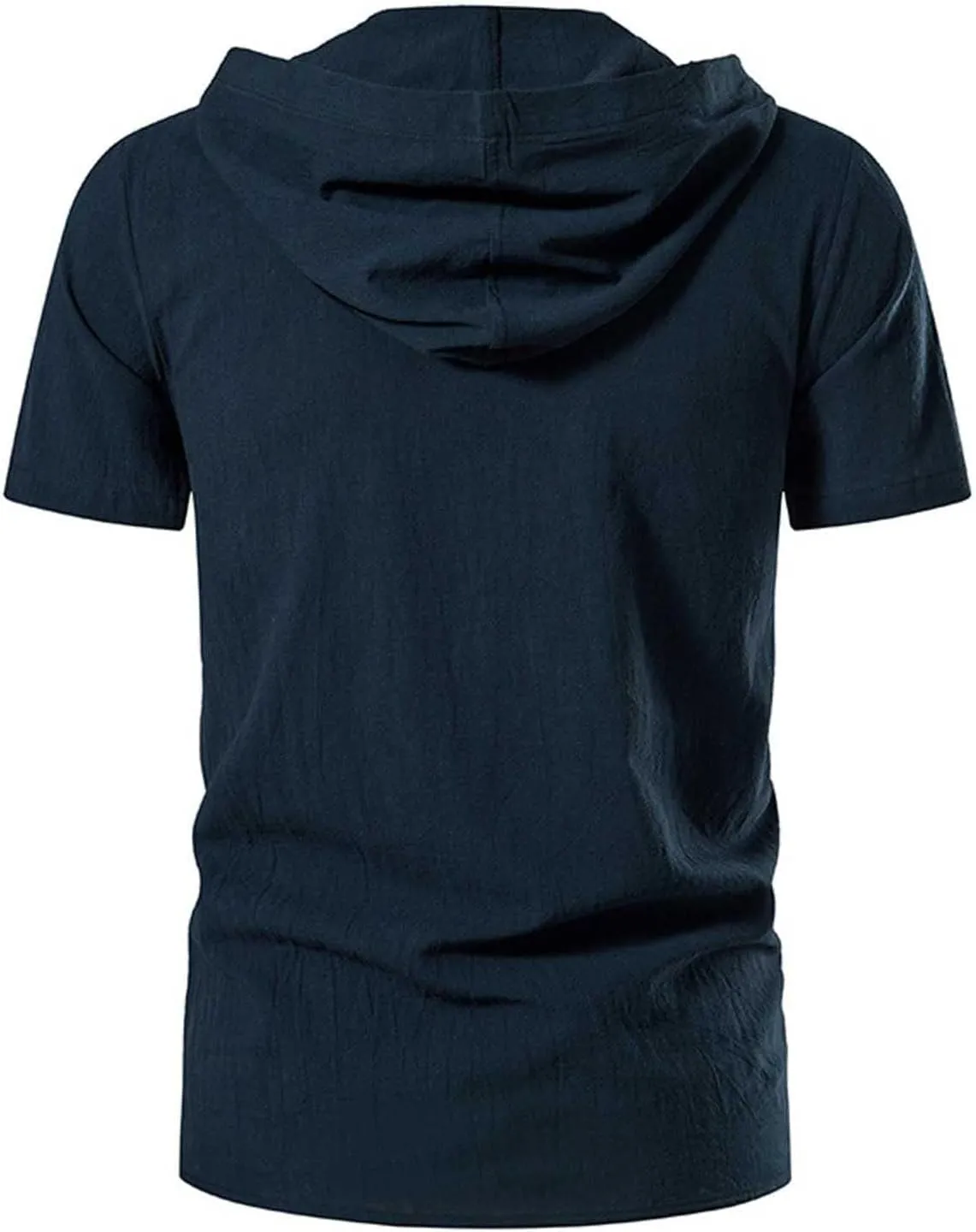 Mens Cotton Linen Hooded Henley Shirt Vintage Short Sleeve Lace up Shirts Renaissance Pirate Summer Beach Tops