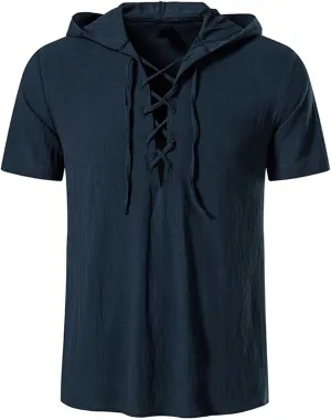 Mens Cotton Linen Hooded Henley Shirt Vintage Short Sleeve Lace up Shirts Renaissance Pirate Summer Beach Tops
