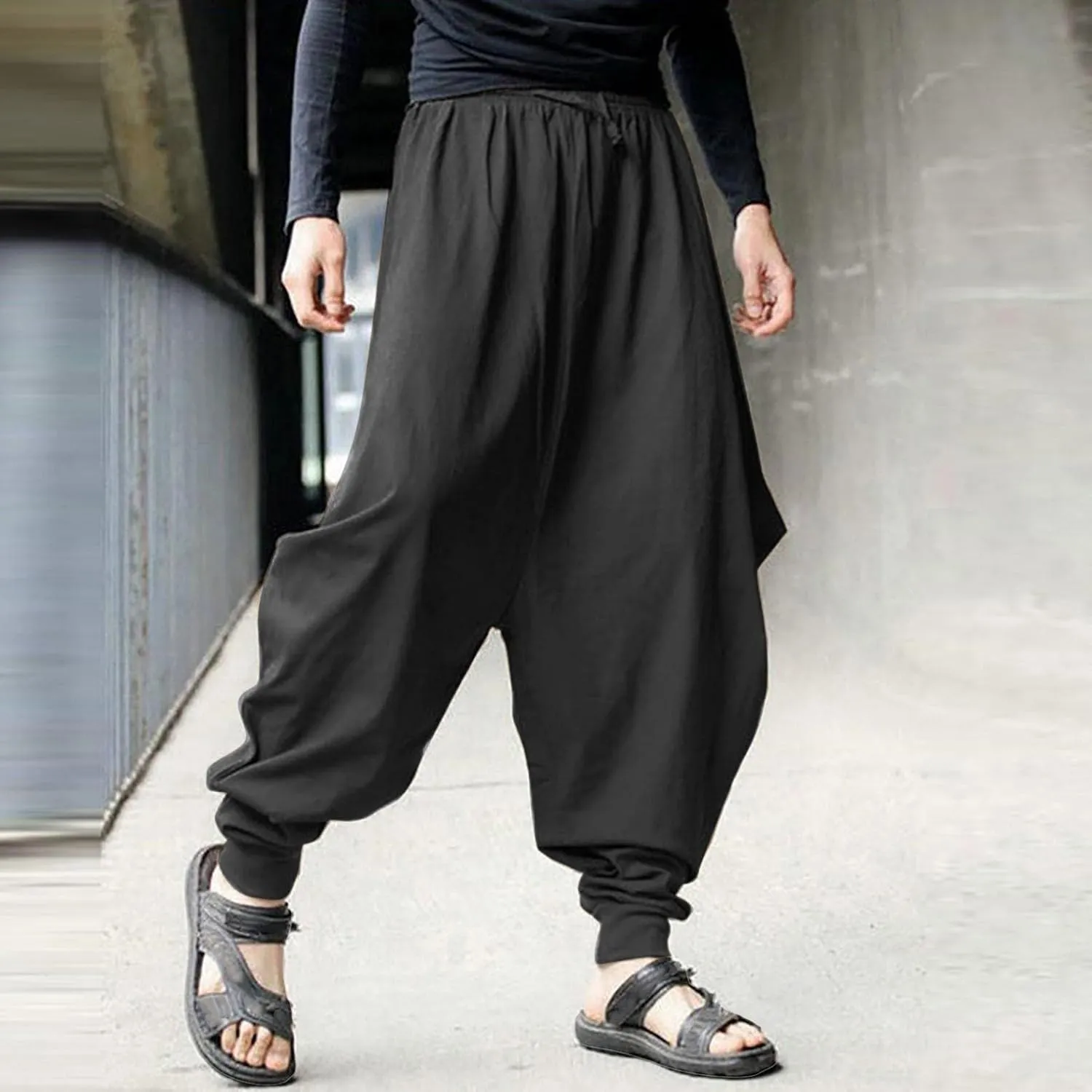 Men's Cotton Linen Pants Baggy Harem Pants Vintage Drop Crotch Pants Plus Size Hippie Boho Yoga Pants Aladdin Pants