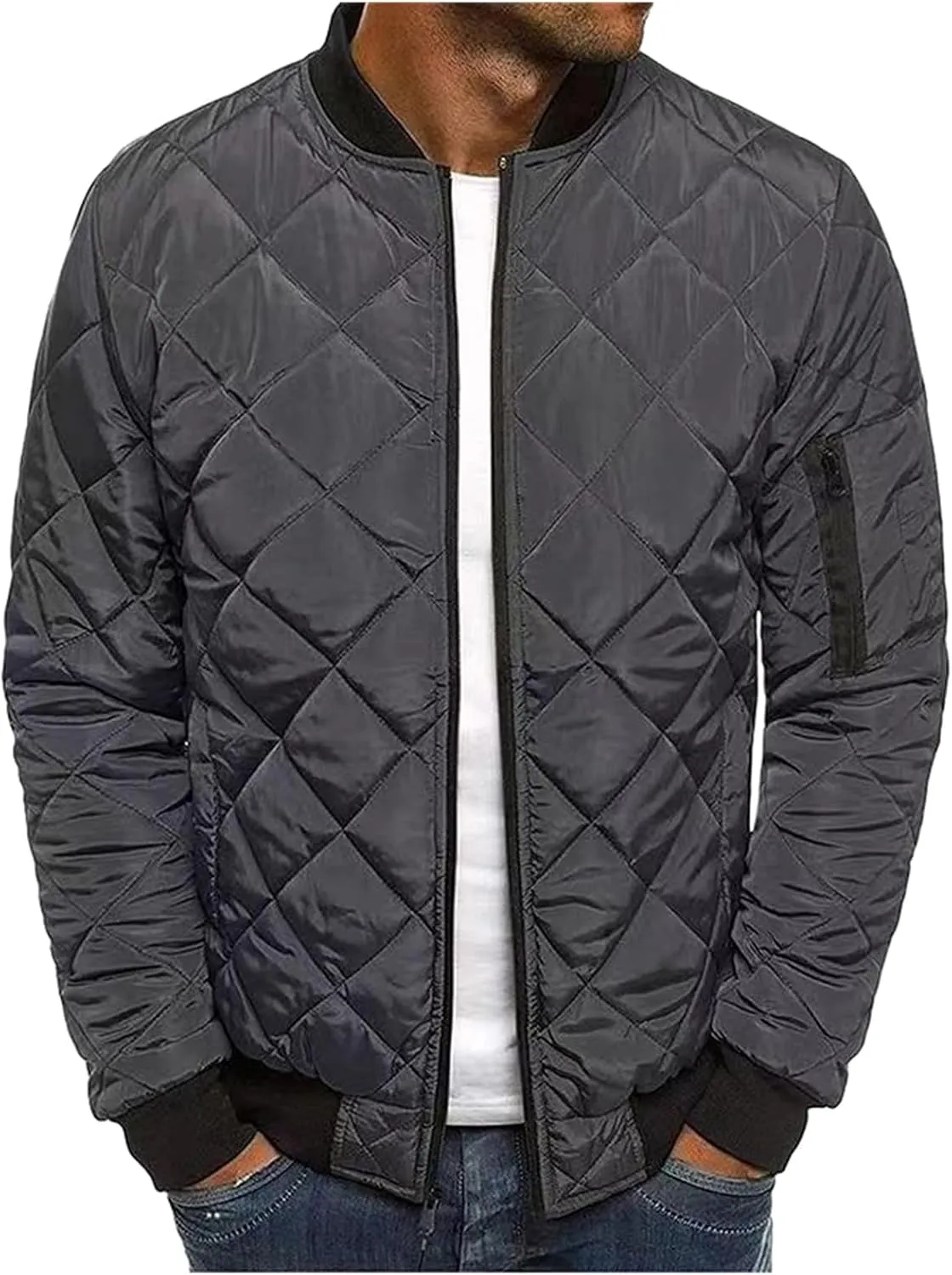 Mens Diamond Quilted Bomber Jackets Lightweight Varsity Coats Warm Flight Jacket Zipper Fashion Windproof Outwear