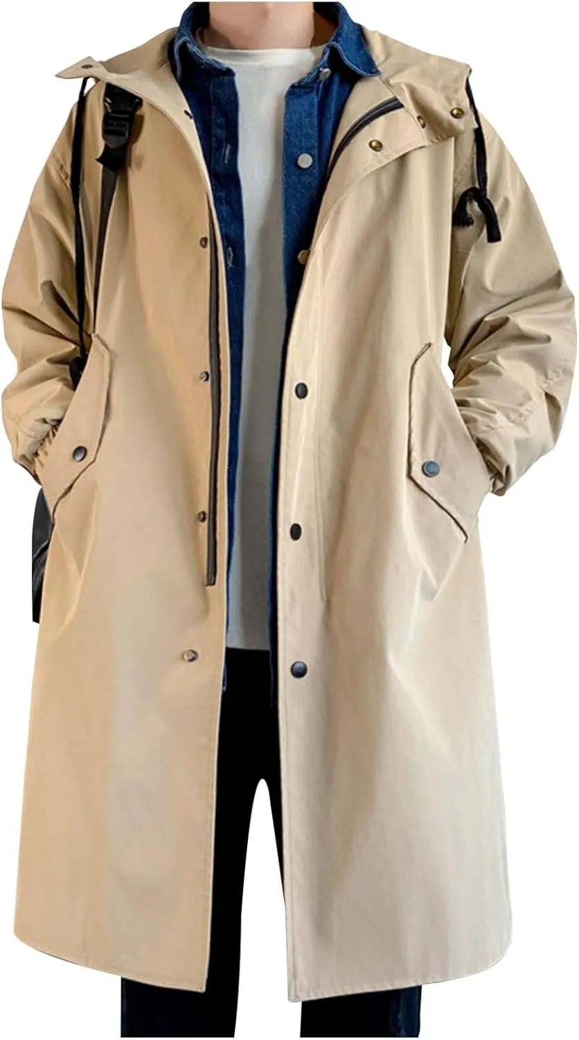 Men's Hooded Windbreaker Jacket Long Trench Coat Winter Warm Overcoat