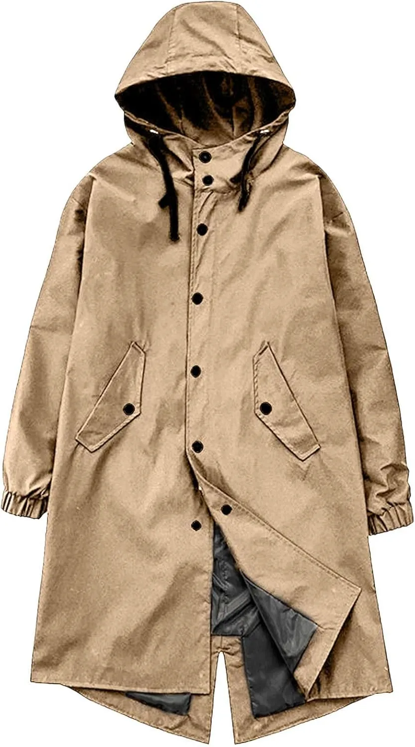 Men's Hooded Windbreaker Jacket Long Trench Coat Winter Warm Overcoat