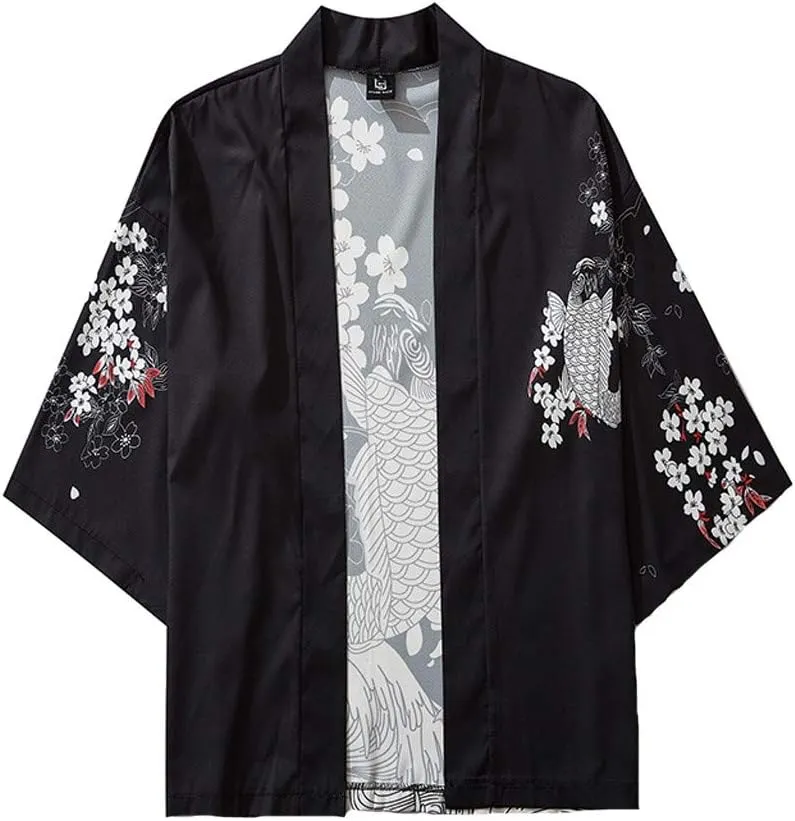 Men's Japanese Kimono Cardigan Jacket Casual Seven Sleeve Open Front Coat Lightweight Novelty Printed Cloak Outwear