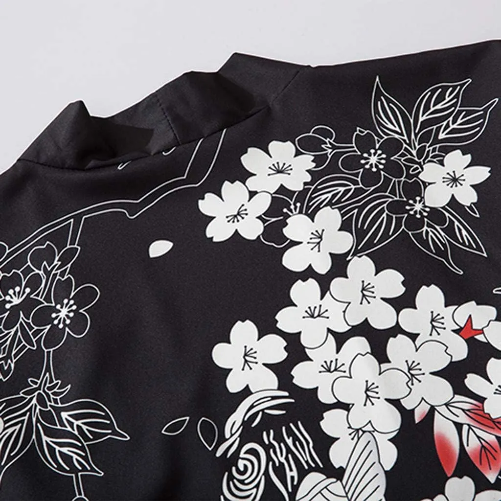 Men's Japanese Kimono Cardigan Jacket Casual Seven Sleeve Open Front Coat Lightweight Novelty Printed Cloak Outwear