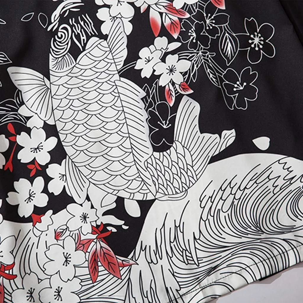 Men's Japanese Kimono Cardigan Jacket Casual Seven Sleeve Open Front Coat Lightweight Novelty Printed Cloak Outwear