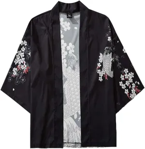 Men's Japanese Kimono Cardigan Jacket Casual Seven Sleeve Open Front Coat Lightweight Novelty Printed Cloak Outwear