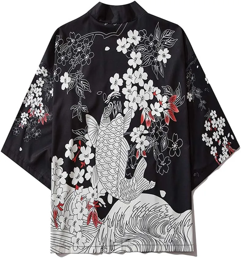 Men's Japanese Kimono Cardigan Jacket Casual Seven Sleeve Open Front Coat Lightweight Novelty Printed Cloak Outwear