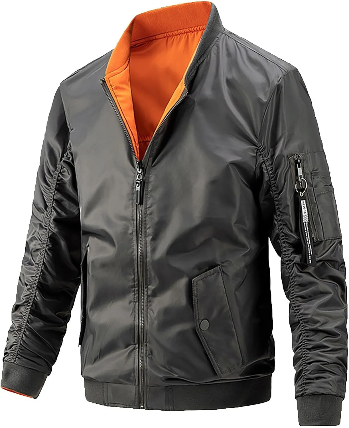 Men's Lightweight Jacket Trendy Casual Full Zip Stand Collar Long Sleeve Pleats Windbreaker Bomber Coat With Pocket