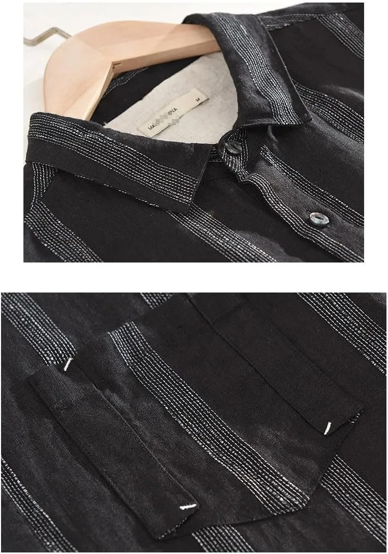 Mens Linen Half Sleeve Striped Shirts Men Casual Shirt Tops