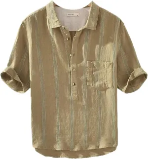 Mens Linen Half Sleeve Striped Shirts Men Casual Shirt Tops